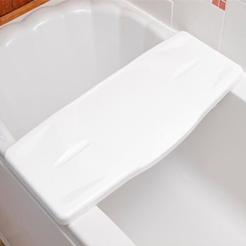 Full view of Cosby Bariatric Bath Board bath board showing slatted seat, integral handle and adjustable brackets on a plain background.