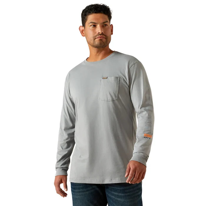 Ariat Work Cotton Strong standard logo long sleeve pocket t-shirt in monument and high rise, front view, available in big and tall sizes