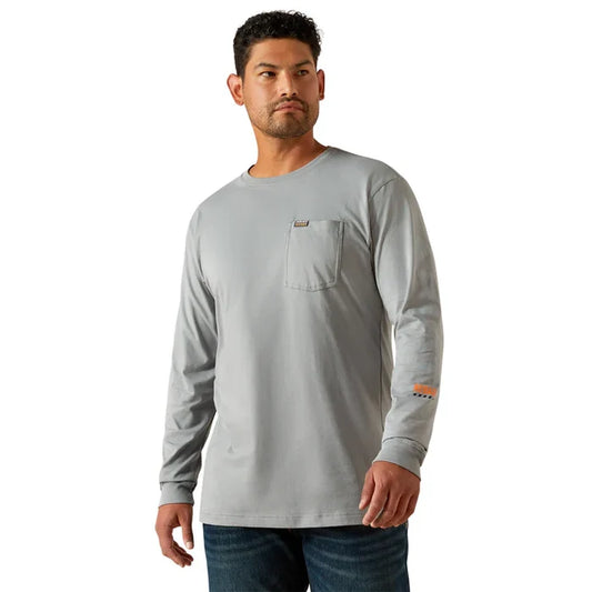 Ariat Work Cotton Strong standard logo long sleeve pocket t-shirt in monument and high rise, front view, available in big and tall sizes