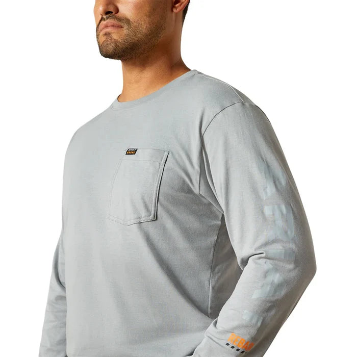 Ariat Work Cotton Strong standard logo long sleeve pocket t-shirt in monument and high rise, detail view