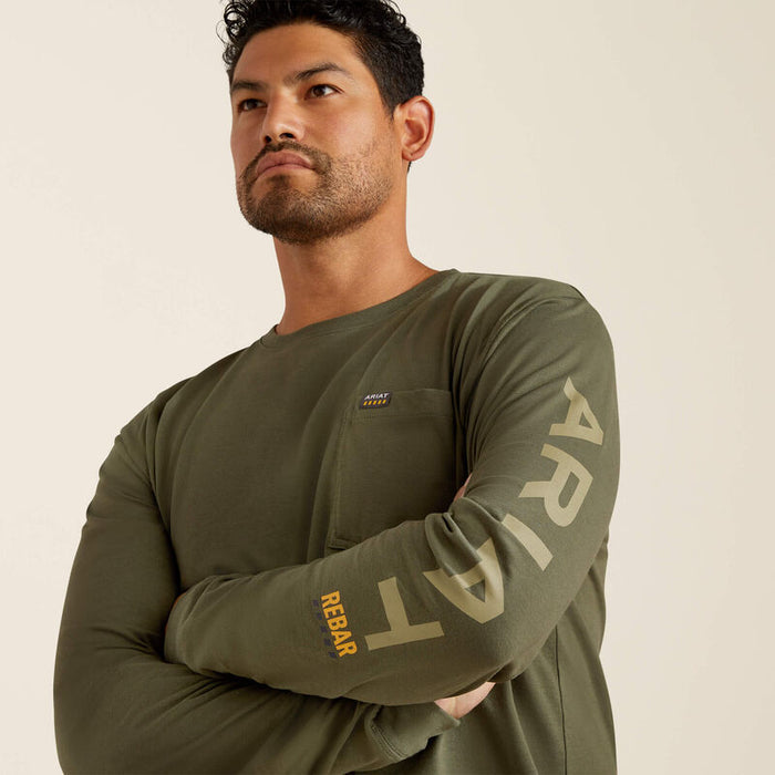 Ariat Work Cotton Strong standard logo long sleeve pocket t-shirt in grape leaf, detail view