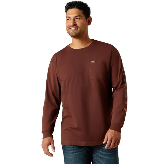 Ariat Work Cotton Strong standard logo long sleeve pocket t-shirt in bitter chocolate and charcoal, available in big and tall sizes