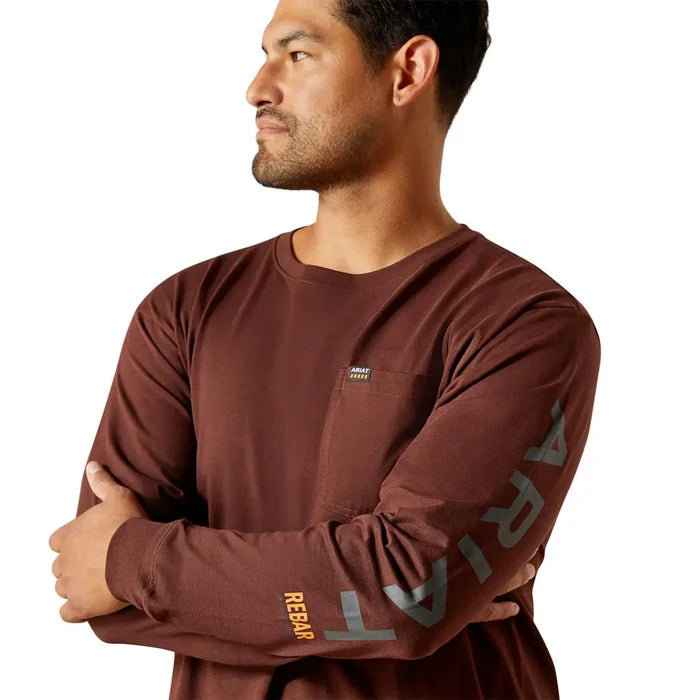 Ariat Work Cotton Strong standard logo long sleeve pocket t-shirt in bitter chocolate and charcoal, alternate product view