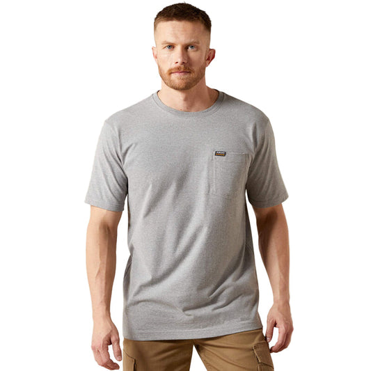 Ariat Work Cotton Strong standard fit short-sleeve pocket t-shirt in heather grey, front view, available in big and tall sizes