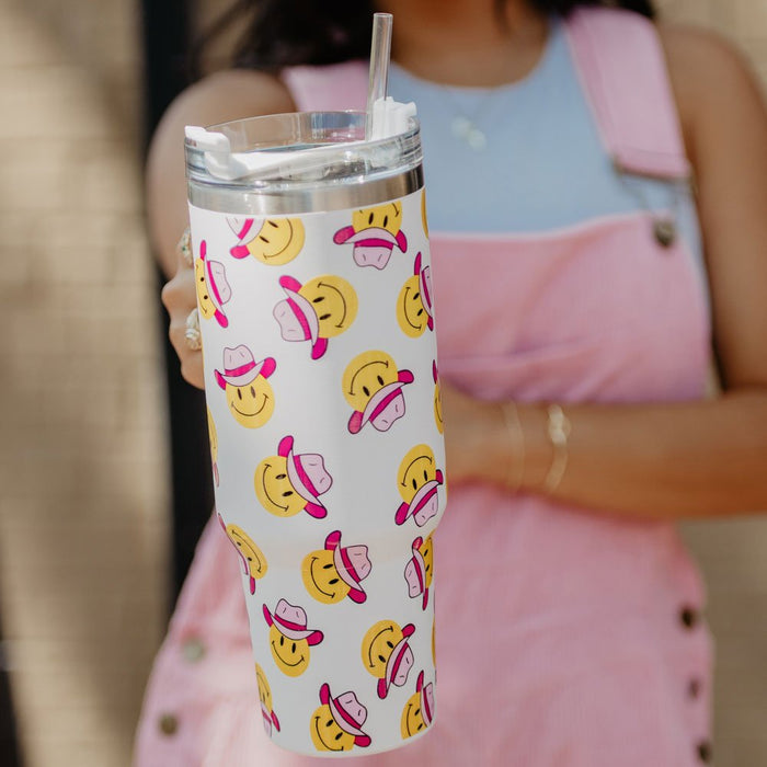 Cowboy Happy Face Travel Tumbler with Handle - 260 Broadway Boutique