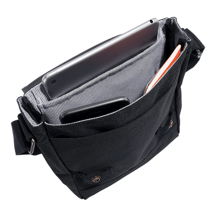 Black Carhartt crossbody snap bag, view of the adjustable strap hardware