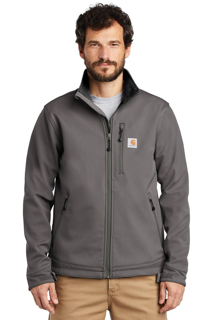Carhartt Crowley waterproof soft shell jacket in charcoal, front view of the jacket worn