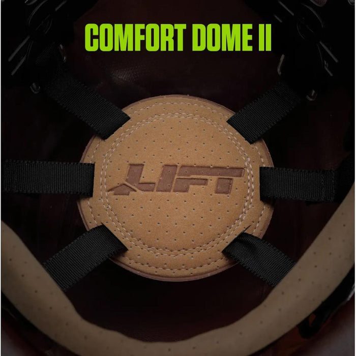 Lift Safety DAX black full brim hard hat, view of the six point suspension