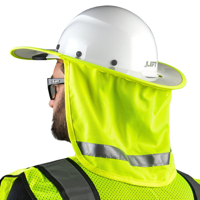 Lift Safety DAX cap style hard hat sunshade shown worn by a worker on site