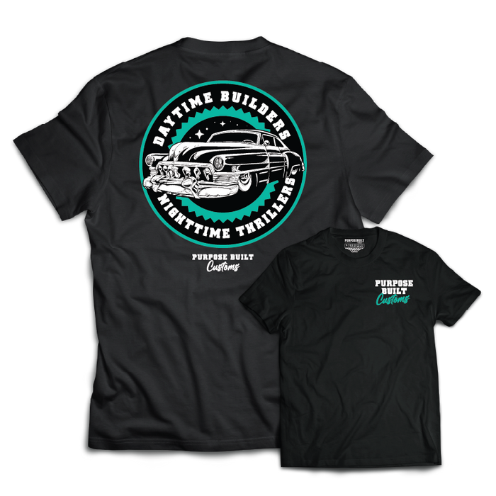 Purpose-Built Daytime Builders graphic tee in black, big and tall sizing