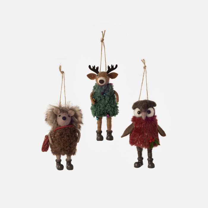 Deer, Owl and Hedgehog Ornament, Set of 3 Assorted