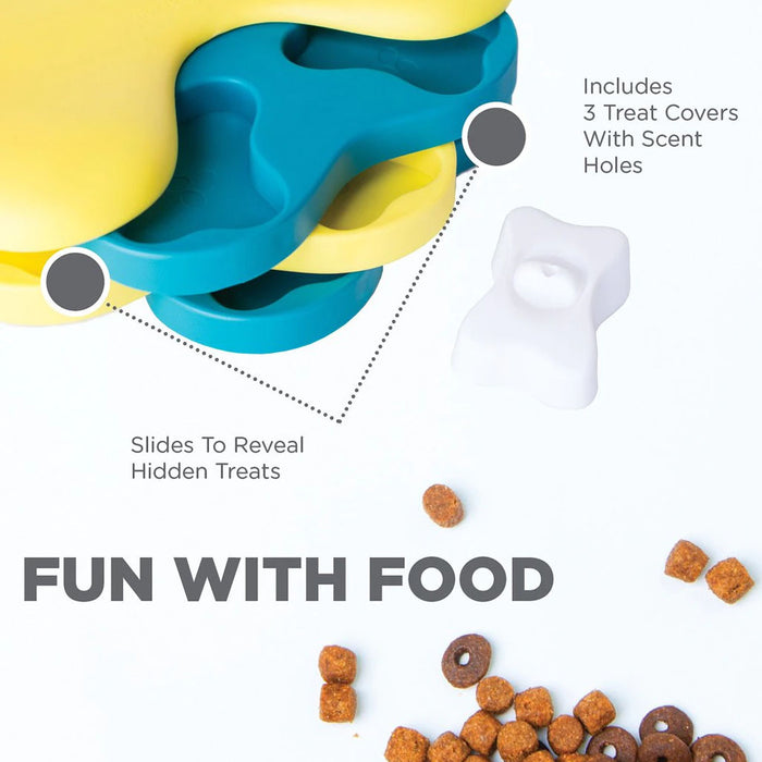 3 treat covers with scent holes, slides to reveal hidden treats.