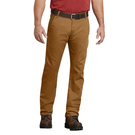 Dickies FLEX regular fit duck carpenter pant in stonewashed brown duck, front view with hammer loop