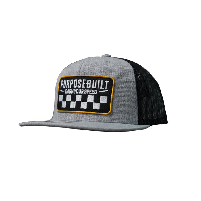 Purpose-Built Earn Your Speed snapback hat in grey and black
