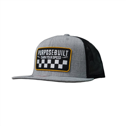 Purpose-Built Earn Your Speed snapback hat in grey and black