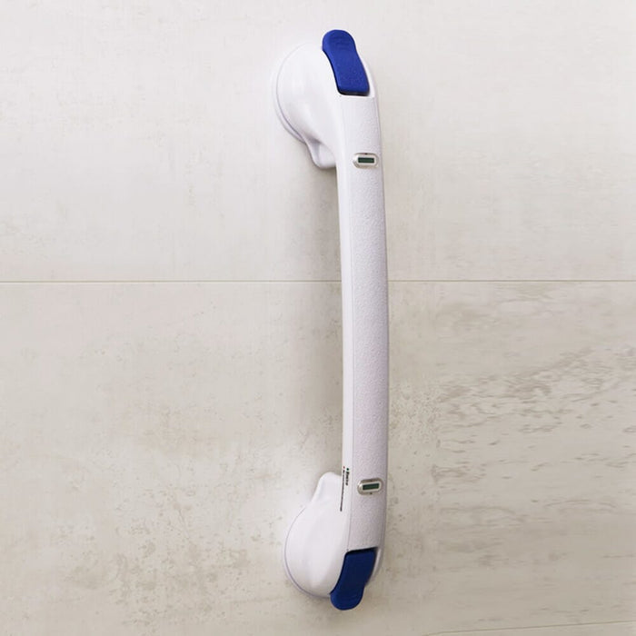 Full view of EasyBar Suction Grab Rail grab rail with circular wall plates and a textured grip, designed to provide support in bathrooms and other areas.