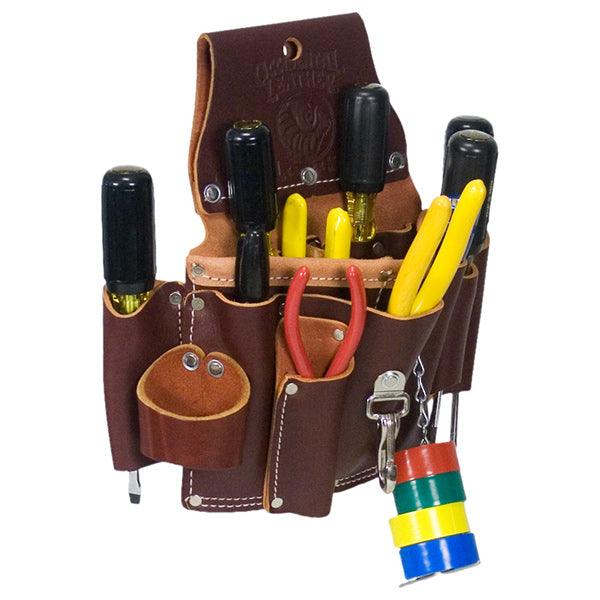 Occidental Leather electrician's tool pouch with tools, left front view