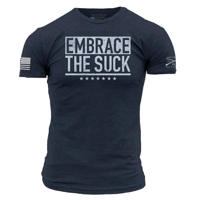 Grunt Style Embrace The Suck short-sleeve graphic t-shirt in midnight navy, front view, available in big and tall sizes
