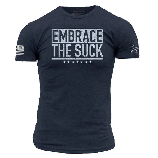 Grunt Style Embrace The Suck short-sleeve graphic t-shirt in midnight navy, front view, available in big and tall sizes