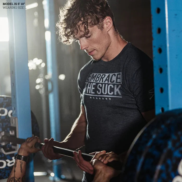 Grunt Style Embrace The Suck t-shirt in midnight navy, shown on a model