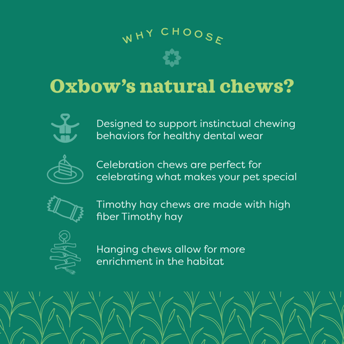 Designed to support instinctual  chewing. Timothy hay chews are made with high fiber Timothy hay. Hanging chews allow for more enrichment in the habitat.