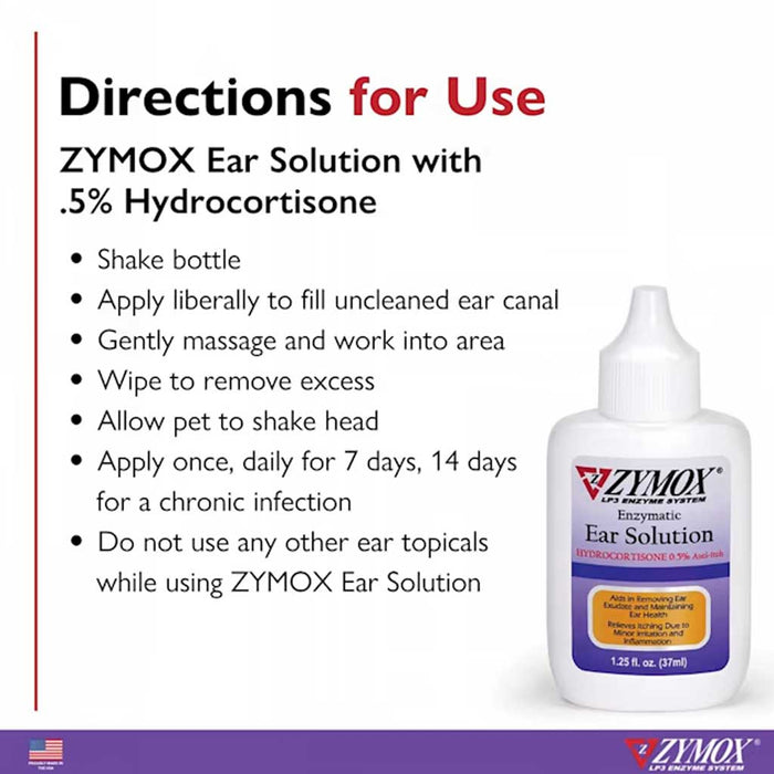 Enzymatic Ear Solution 1.25oz directions for use. Apply liberally yo uncleaned ear canal, massage into area, wipe to remove excess, allow pet to shake head. Apply once daily for 7 days or 14 for a chronic infection.