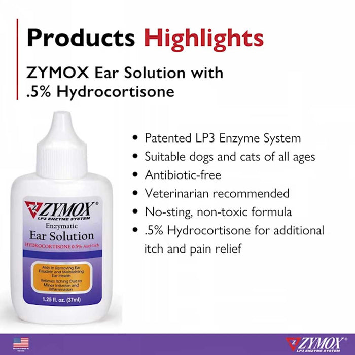 Enzymatic Ear Solution 1.25oz product highlights. Patented lp3 enzyme system, suitable for dogs and cats, antibiotic free , vet recommended, no sting non toxic.