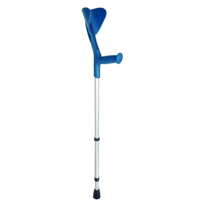 Evolution Elbow Crutch: single elbow crutch on a plain background with an ergonomic handle, adjustable height and open cuff.