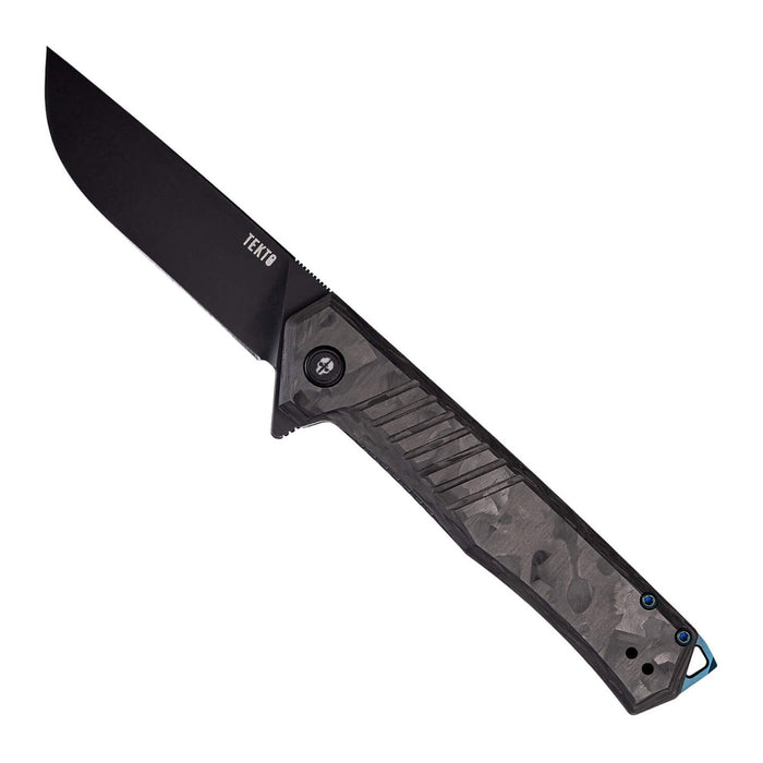 Tekto F1 Alpha folding knife in crushed carbon with blue accent hardware