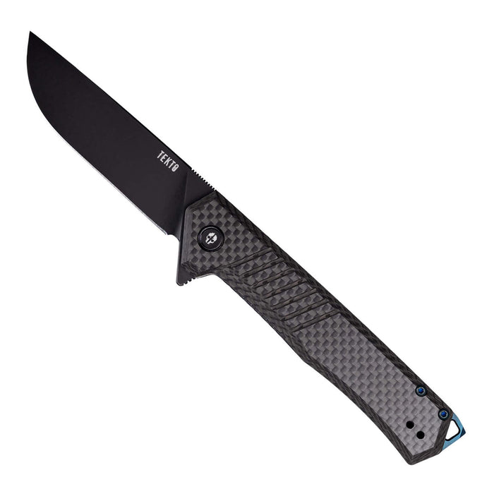 Tekto F1 Alpha folding knife with carbon fiber handle and blue accent hardware