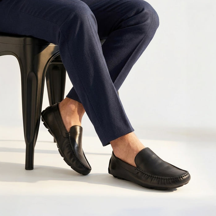 Falmouth Men's Black Leather Driving Loafers crafted from premium leather with flexible driving sole