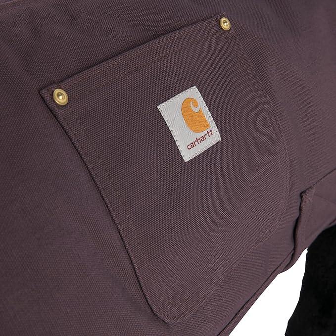 Carhartt insulated dog chore coat in wine worn by a dog