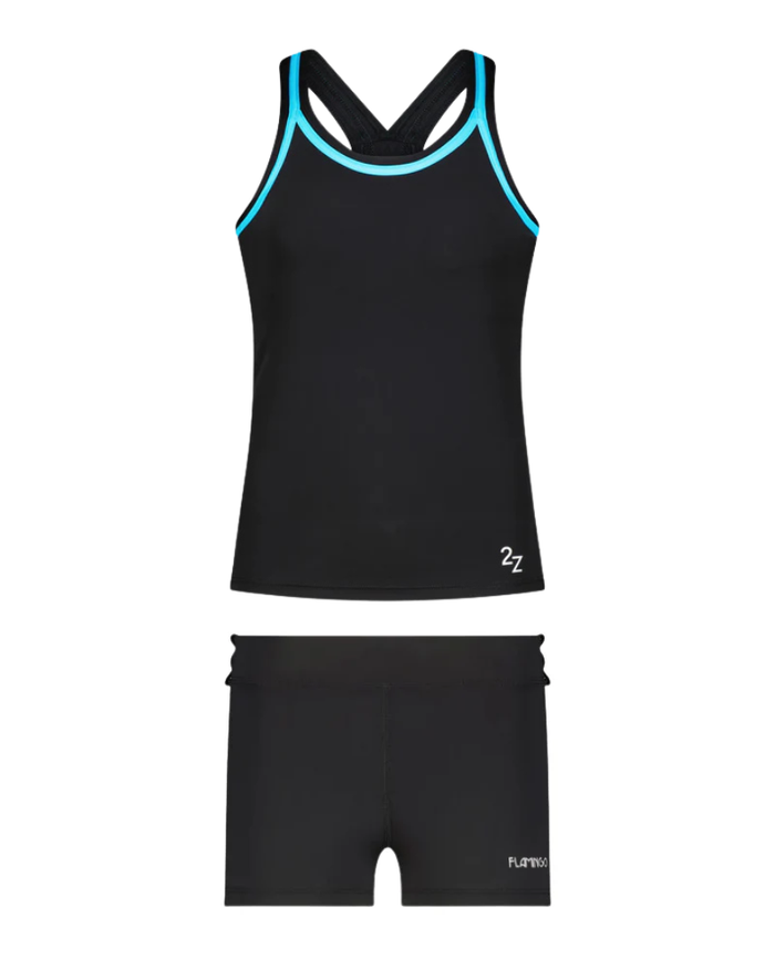 Flamingo Black/Aqua Trim 2 Piece Teen's Bathing Suit Tank with Shorts