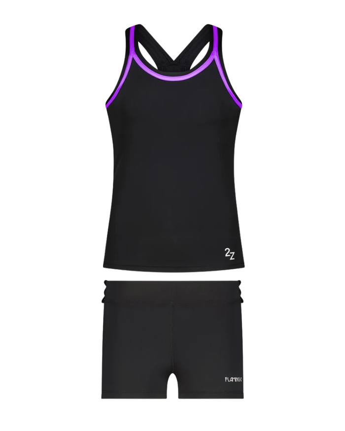 Flamingo 26FL02ZBK/PRL Black/Purple 2 Piece Teen's Bathing Suit Tank with Shorts Myselflingerie.com