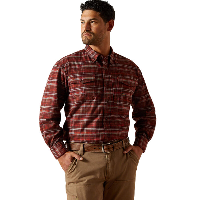 Ariat Work Durastretch long sleeve flannel work shirt in bitter chocolate, front view