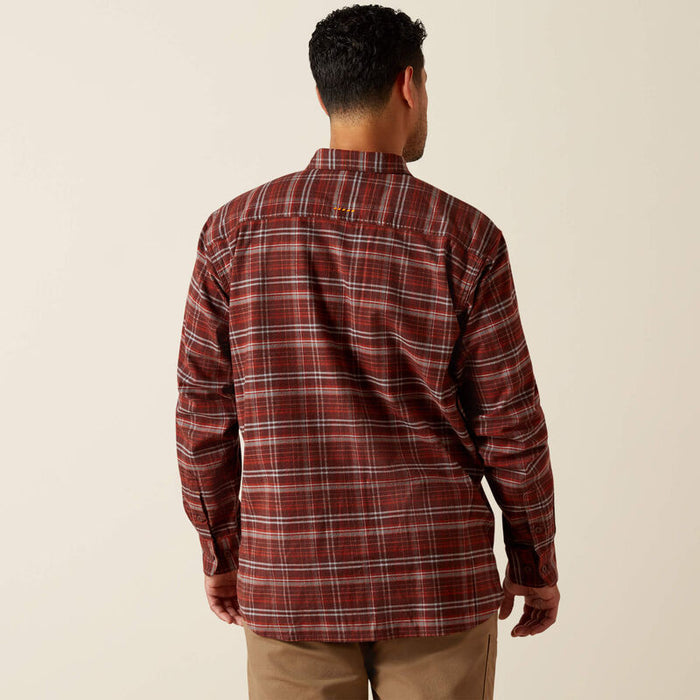 Back view of the Ariat Work Durastretch flannel work shirt in bitter chocolate