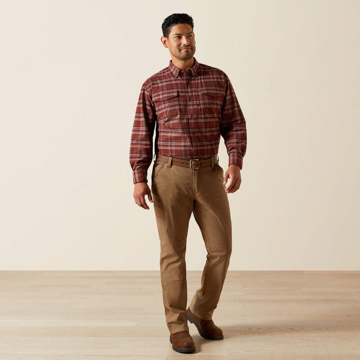 Full-length view of the Ariat Work Durastretch flannel work shirt in bitter chocolate