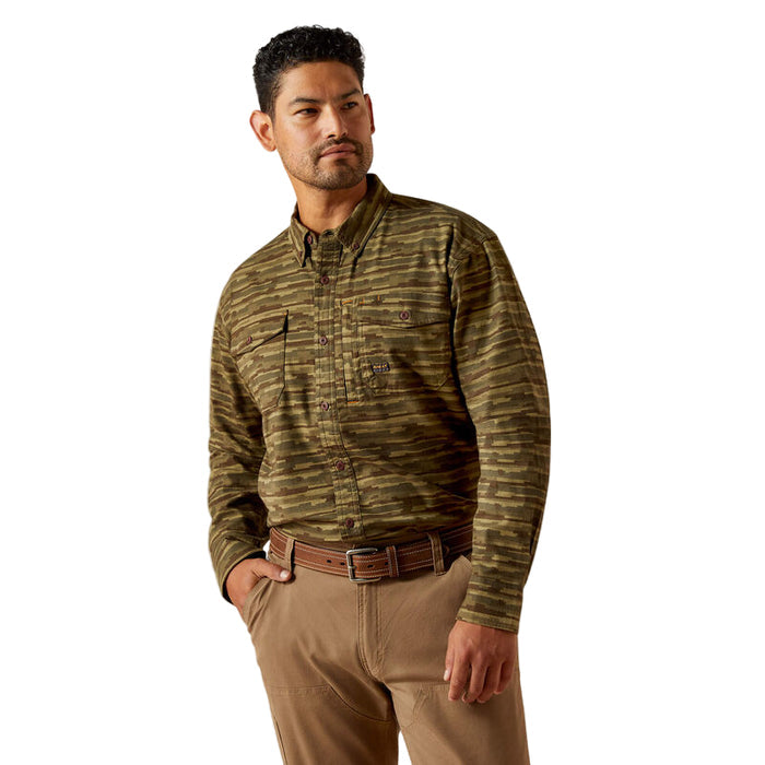 Ariat Work Durastretch long sleeve flannel work shirt in burnt olive camo, front view