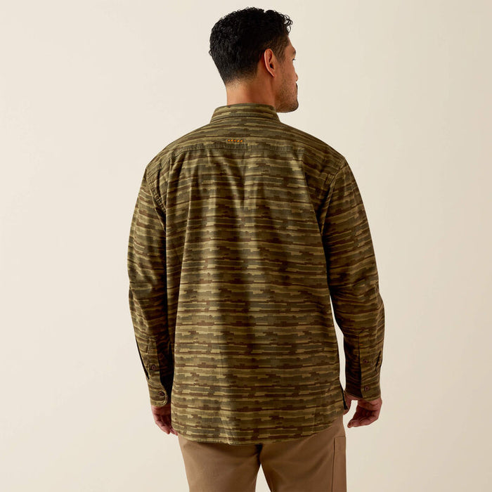 Back view of the Ariat Work Durastretch flannel work shirt in burnt olive camo