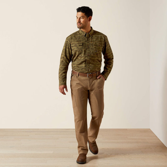 Full-length view of the Ariat Work Durastretch flannel work shirt in burnt olive camo