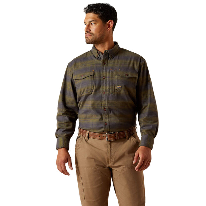 Ariat Work Durastretch long sleeve flannel work shirt in burnt olive, front view