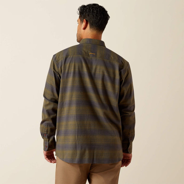 Back view of the Ariat Work Durastretch flannel work shirt in burnt olive