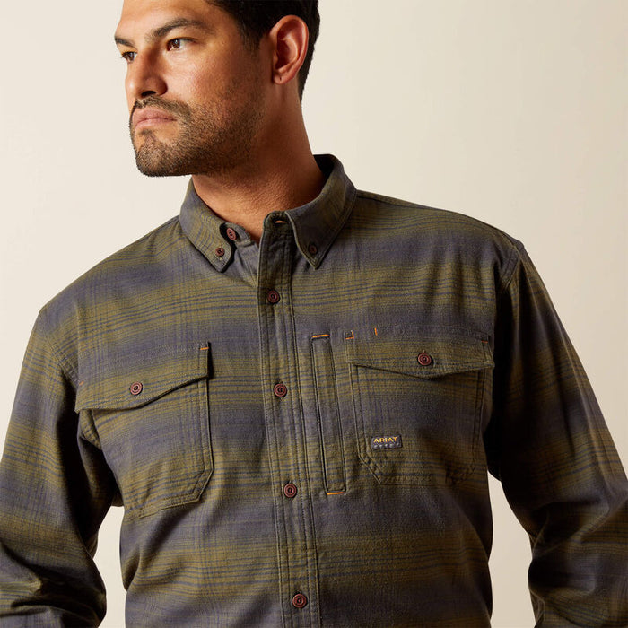 Ariat Work Durastretch flannel work shirt in burnt olive, detail view