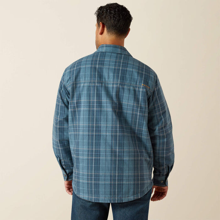 Back view of the Ariat Work insulated flannel shirt jacket in bluestone