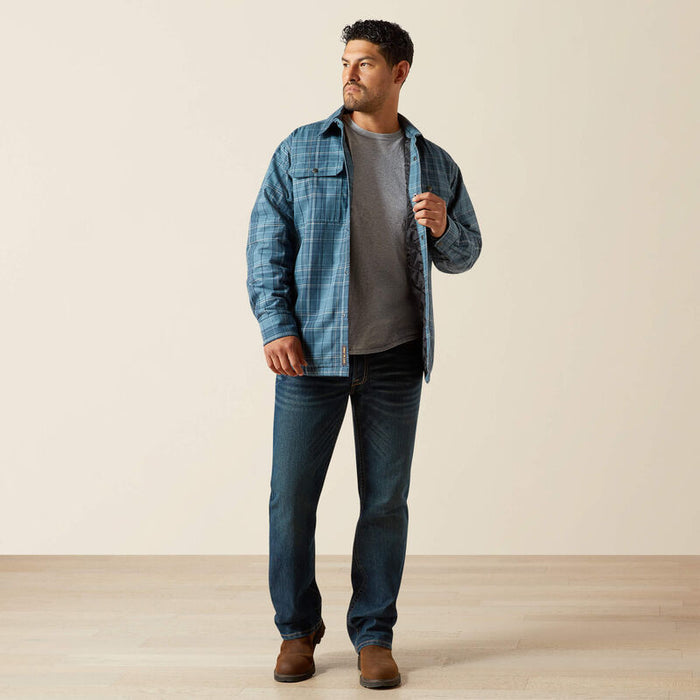 Full-length view of the Ariat Work insulated flannel shirt jacket in bluestone