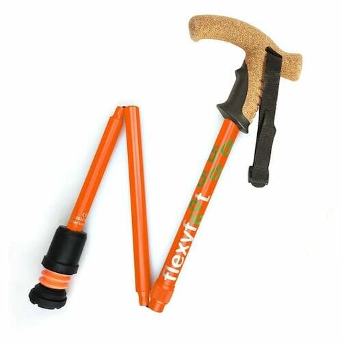 Full view of Flexyfoot Premium Cork Handle Walking Stick walking stick on a plain background, showing its handle, shaft and ferrule.