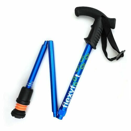 Full view of Flexyfoot Premium Derby Handle Walking Stick walking stick on a plain background, showing its handle, shaft and ferrule.