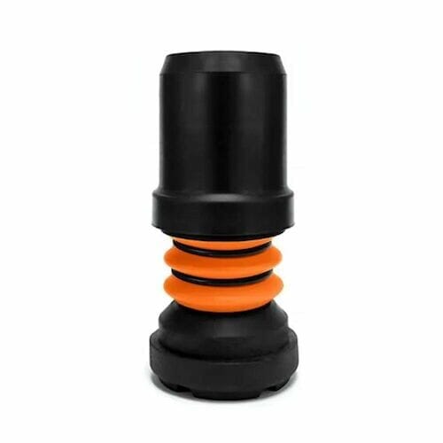 Flexyfoot Shock Absorbing Crutch Ferrule: single elbow crutch on a plain background with an ergonomic handle, adjustable height and open cuff.