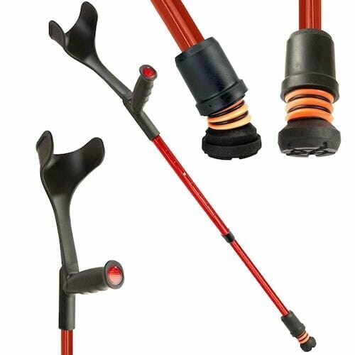 Flexyfoot Soft Grip Open Cuff Crutch: single elbow crutch on a plain background with an ergonomic handle, adjustable height and open cuff.