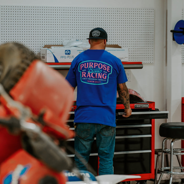Purpose-Built For the Thrills graphic t-shirt in retro royal, lifestyle image